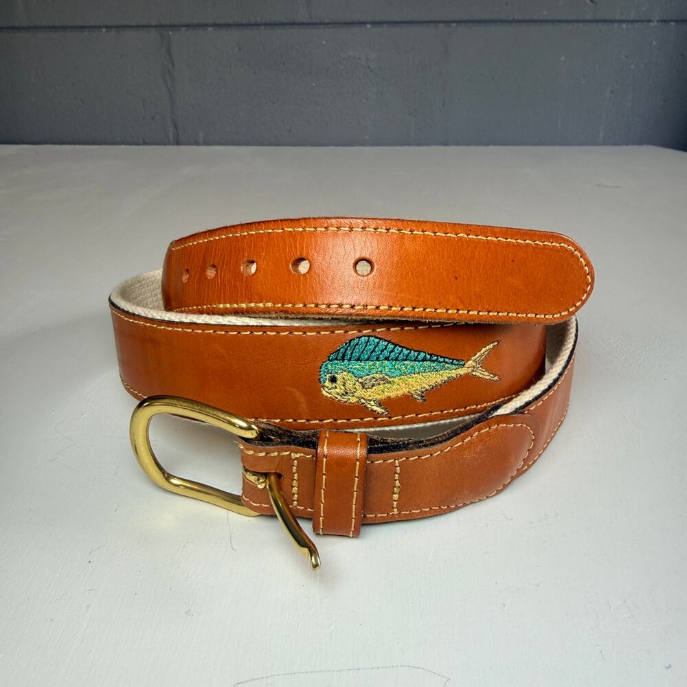 Leather Man Ltd. Embroidered Mahi Mahi Leather & Canvas Belt - Size 38